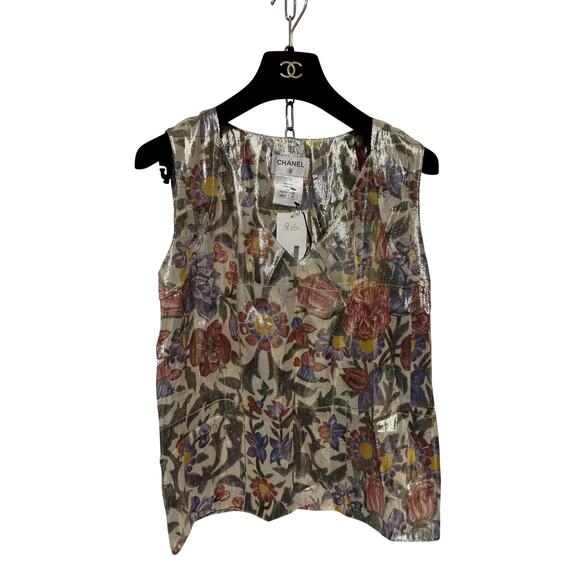 Chanel Blouse Womens 40 Multicolor Floral Metallic Silk Top V-Neck Made in Italy - Picture 1 of 14